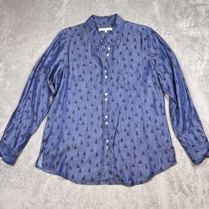 Foxcroft Button Up Shirt Womens 12 Blue Sailboat Print Long Sleeve Lyocell